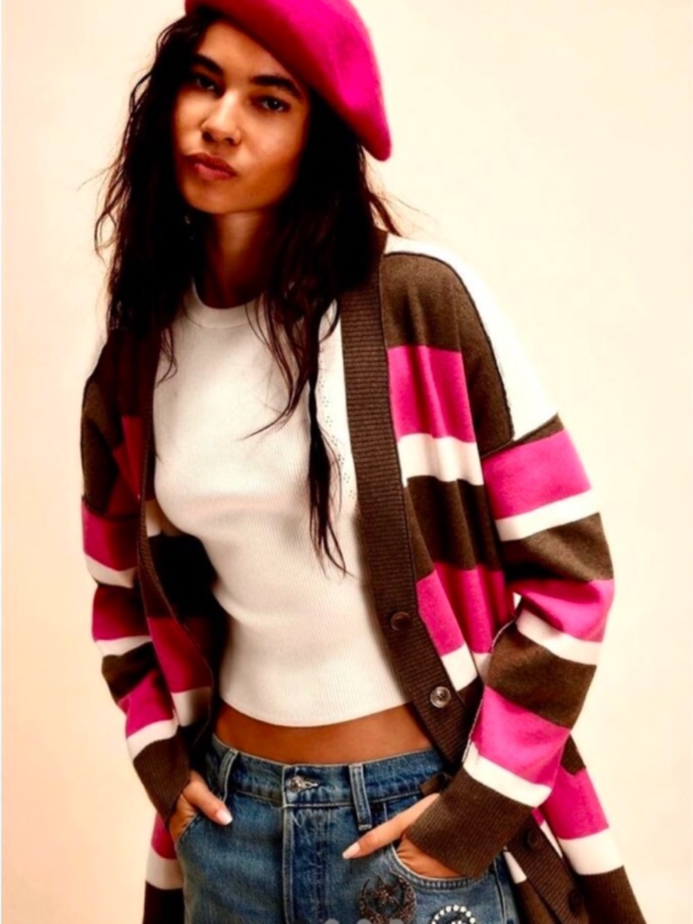 Free People Striped Open-Front Cardigan in Brown, White & Hot Pink